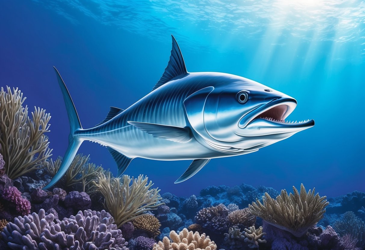 A sleek barracuda swims through a coral reef, its sharp teeth glinting in the sunlight as it moves with swift and powerful grace