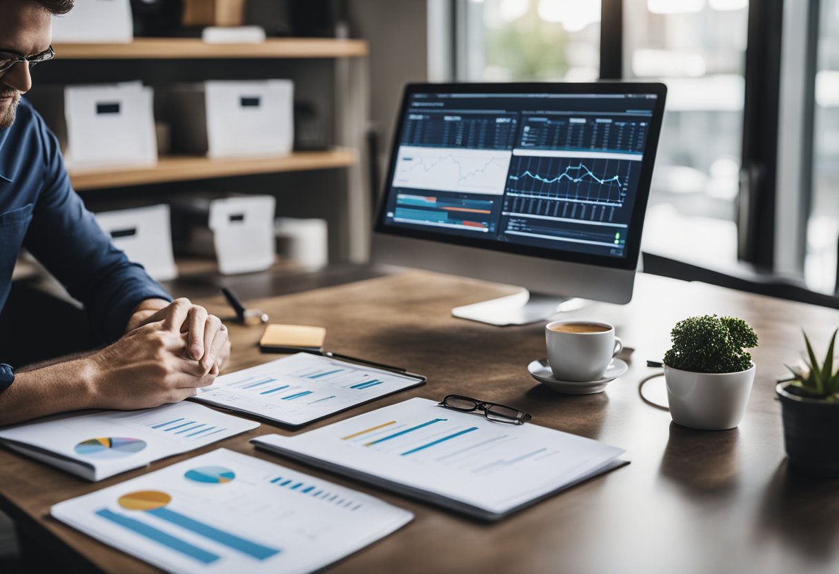 A small business owner sitting at a desk, surrounded by charts, graphs, and a laptop, brainstorming and strategizing for a marketing plan