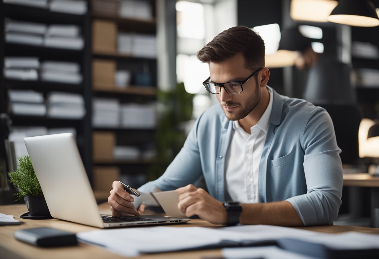 A small business owner researching market trends and creating a marketing plan at a cluttered desk with a laptop, notebooks, and charts