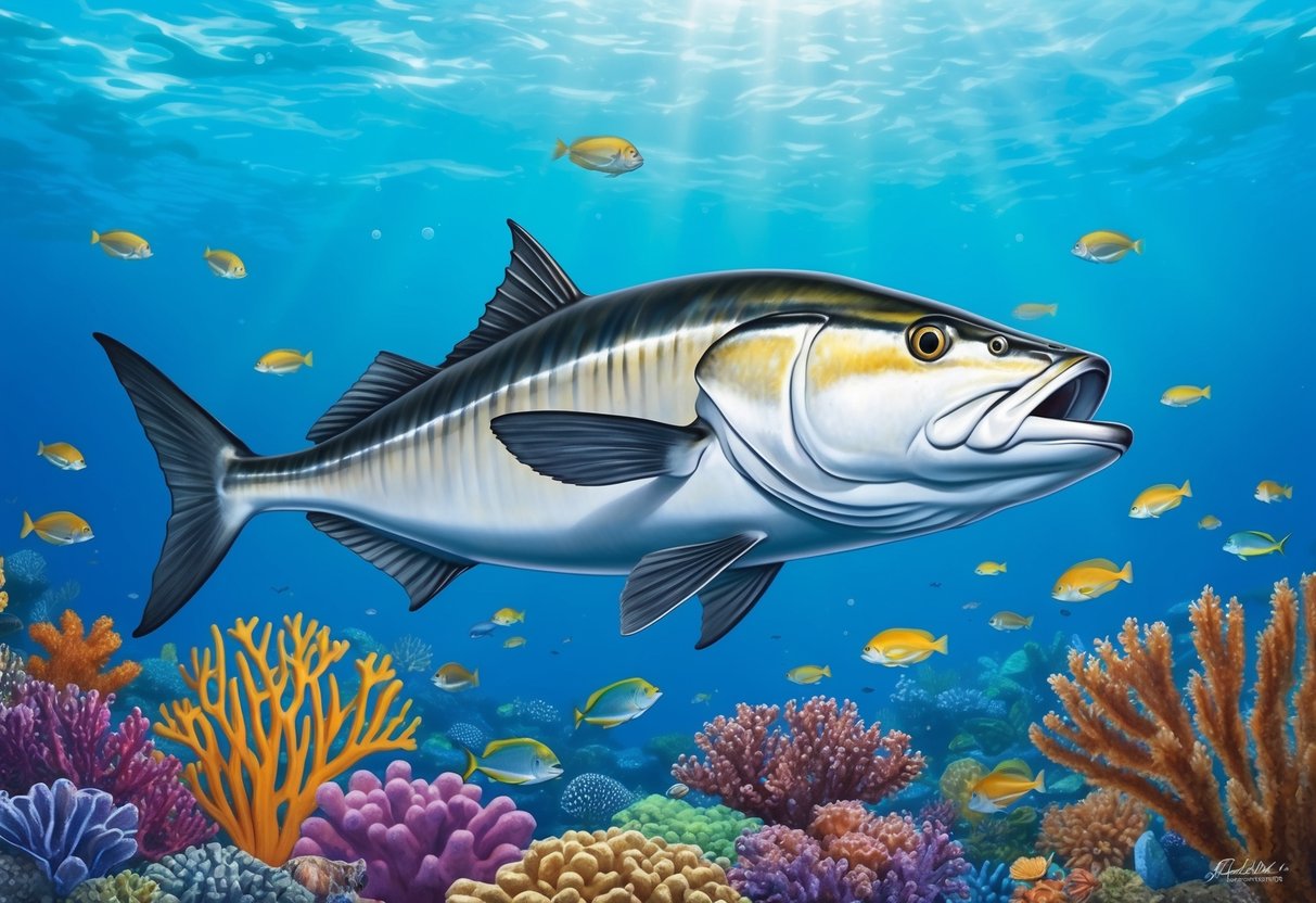 A barracuda swims among coral reefs in the warm, clear waters of the Caribbean Sea