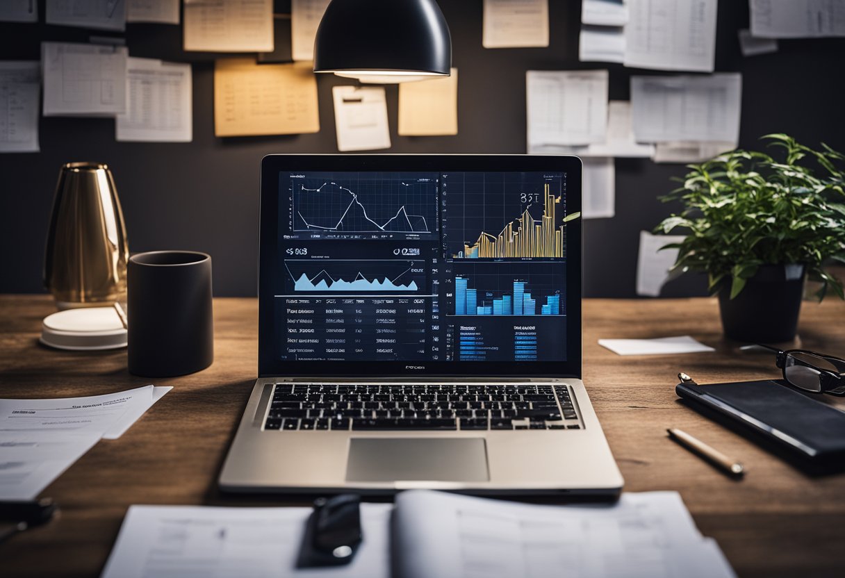 A small business owner brainstorming marketing goals, surrounded by charts, graphs, and a laptop