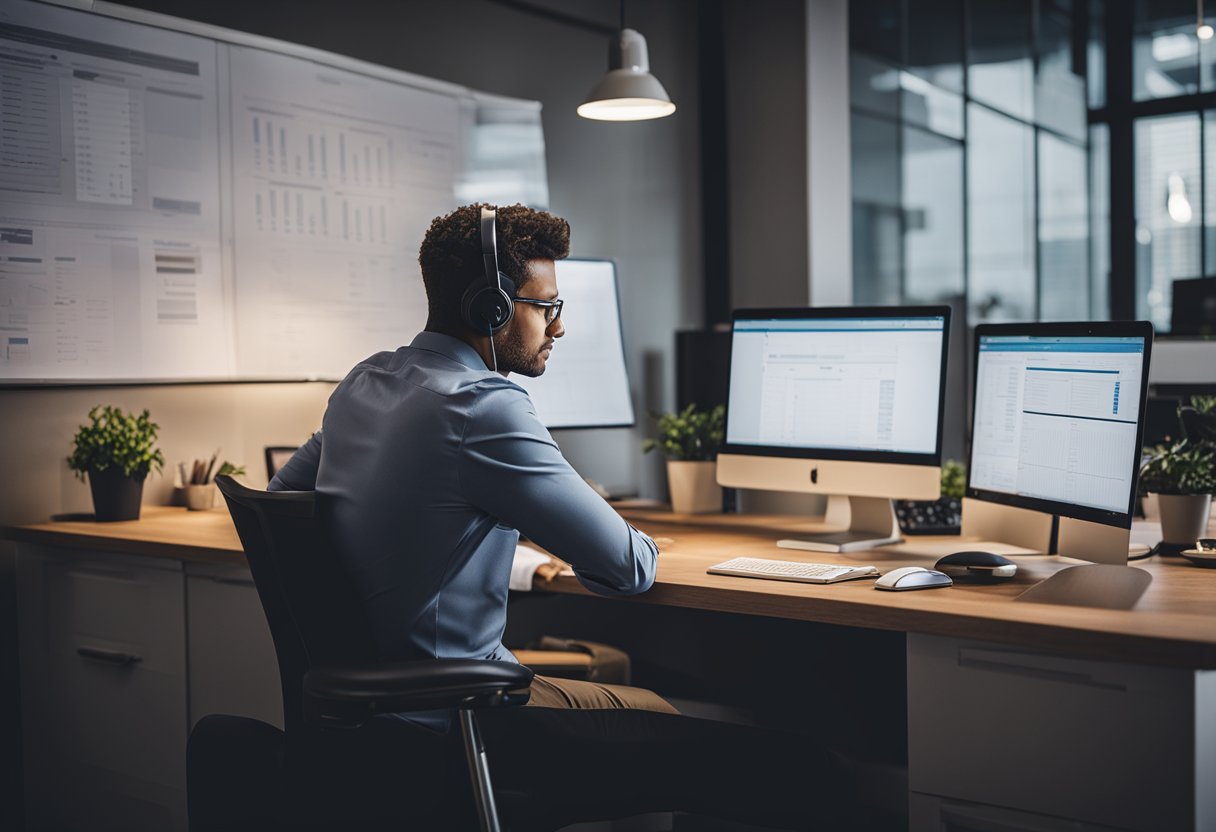 A small business owner sits at a desk, surrounded by charts, graphs, and a laptop. They are deep in thought, brainstorming ideas for their marketing strategy