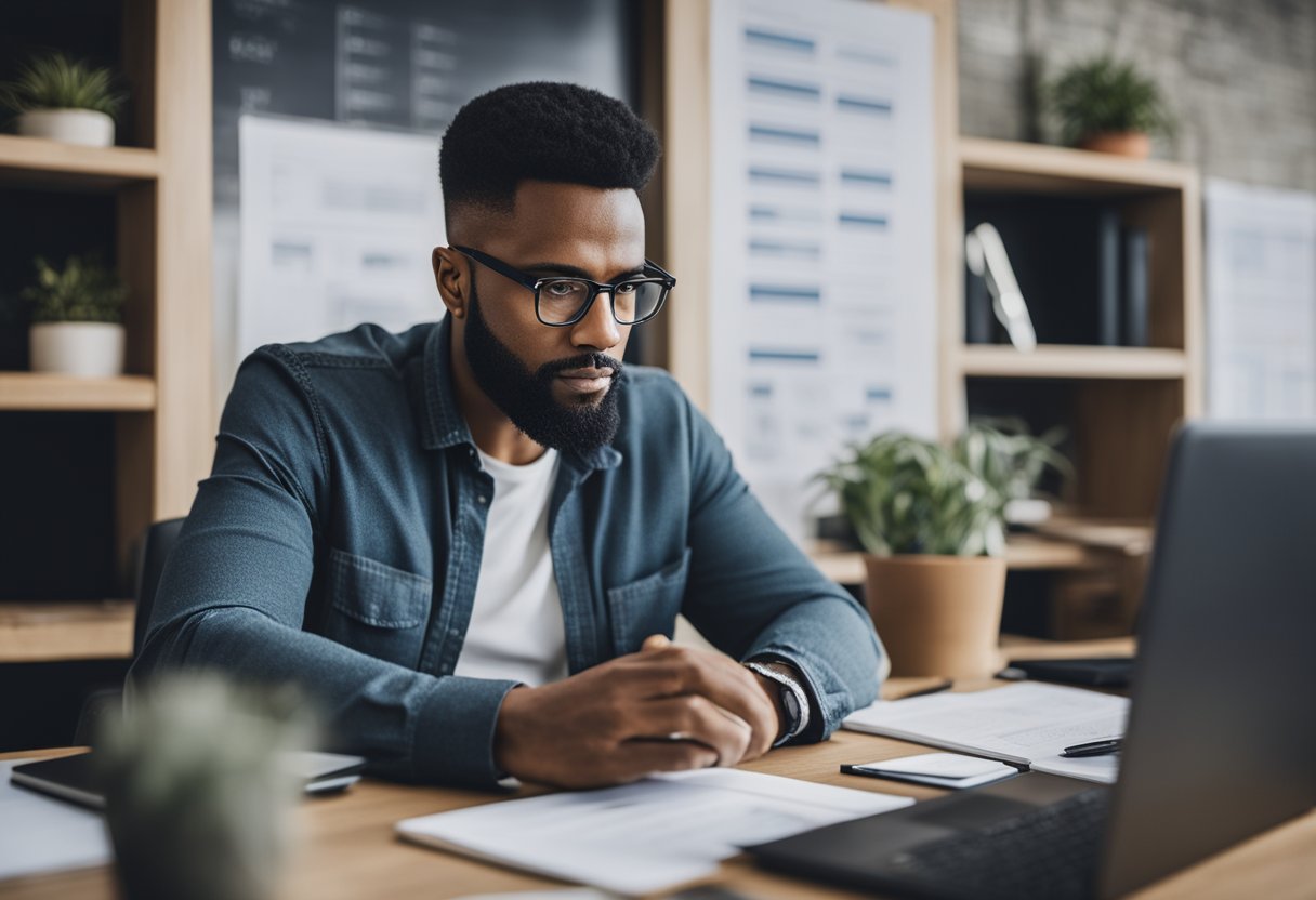 A small business owner sits at a desk, surrounded by charts, graphs, and a laptop. They are deep in thought, pen in hand, as they create a marketing plan