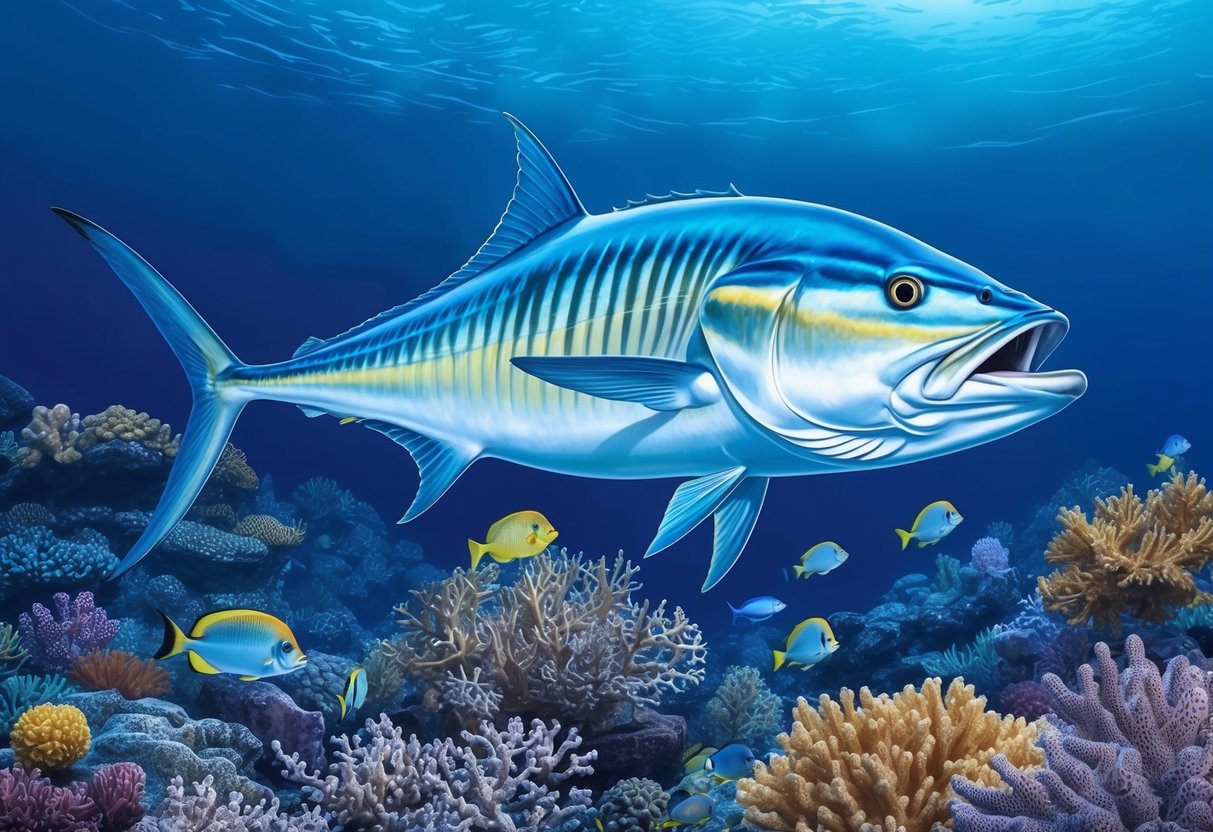 A barracuda hunting in a coral reef, its sleek body slicing through the water as it stalks its prey