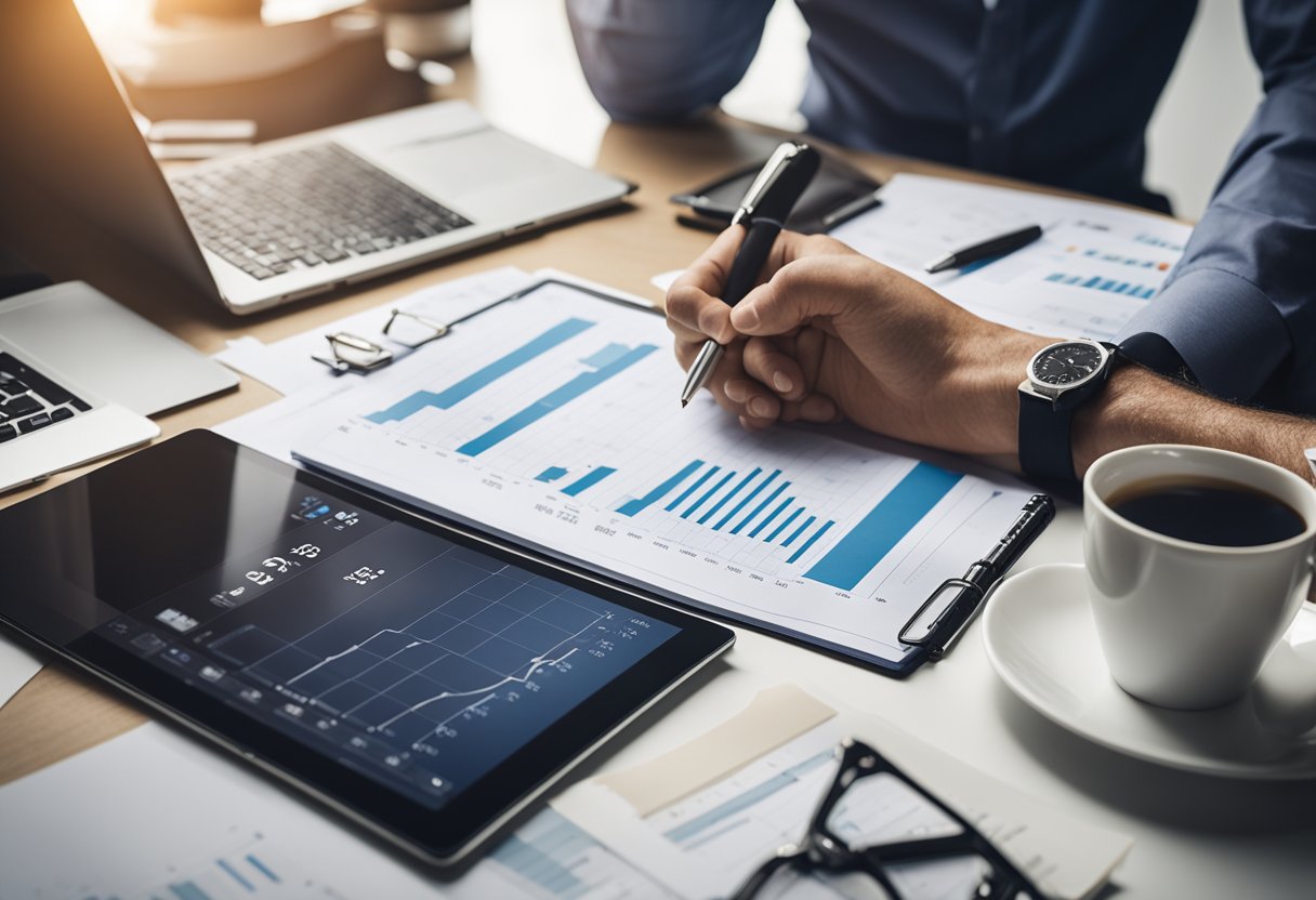 A small business owner brainstorming marketing ideas at a desk with a laptop, notepad, and pen, surrounded by charts and graphs