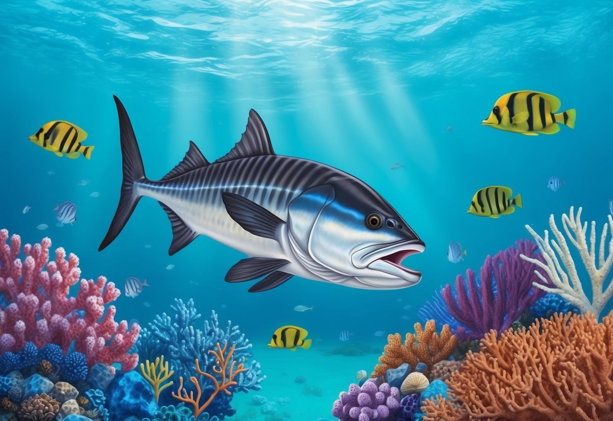 A barracuda swimming among colorful coral reefs in clear, turquoise waters