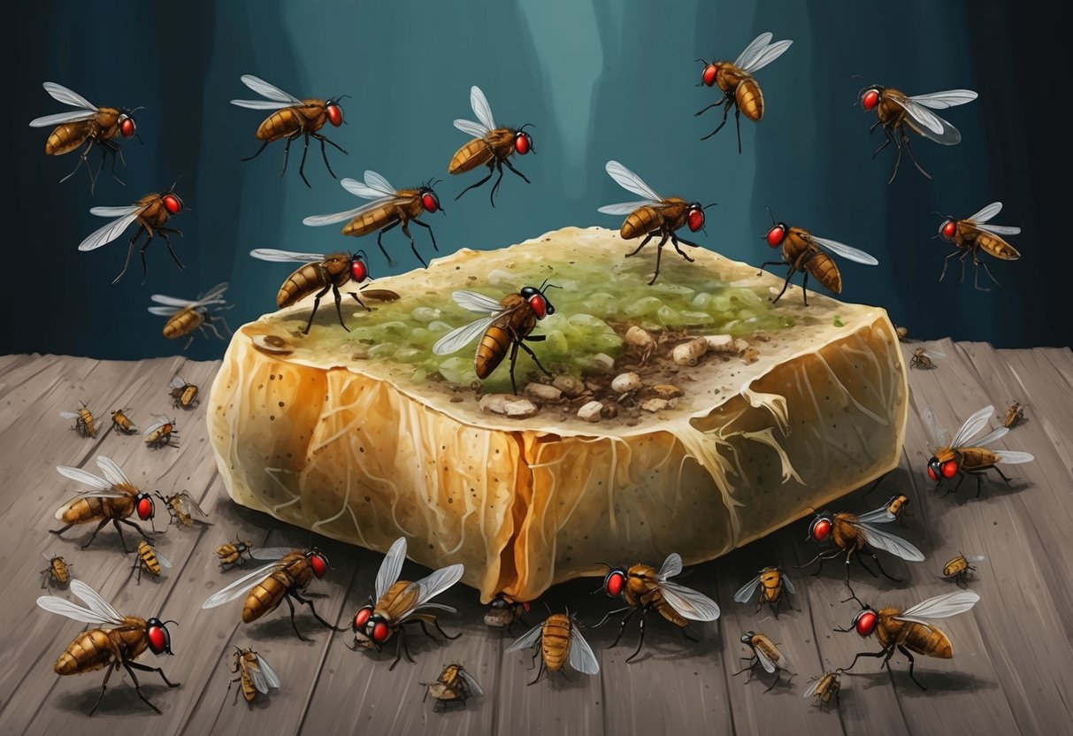 A rotting, moldy piece of food surrounded by swarming flies