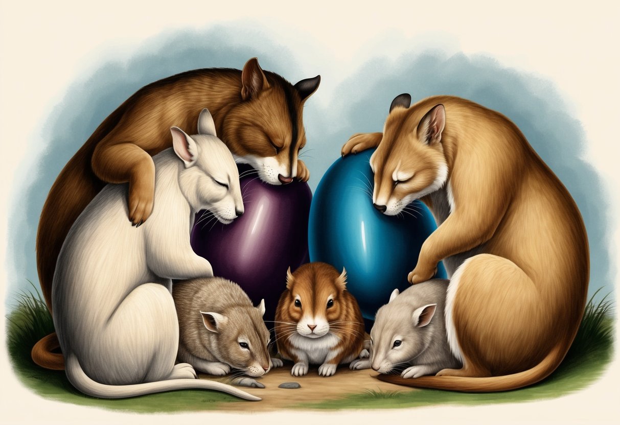 A group of animals huddled around two contrasting objects, expressing discomfort and aversion