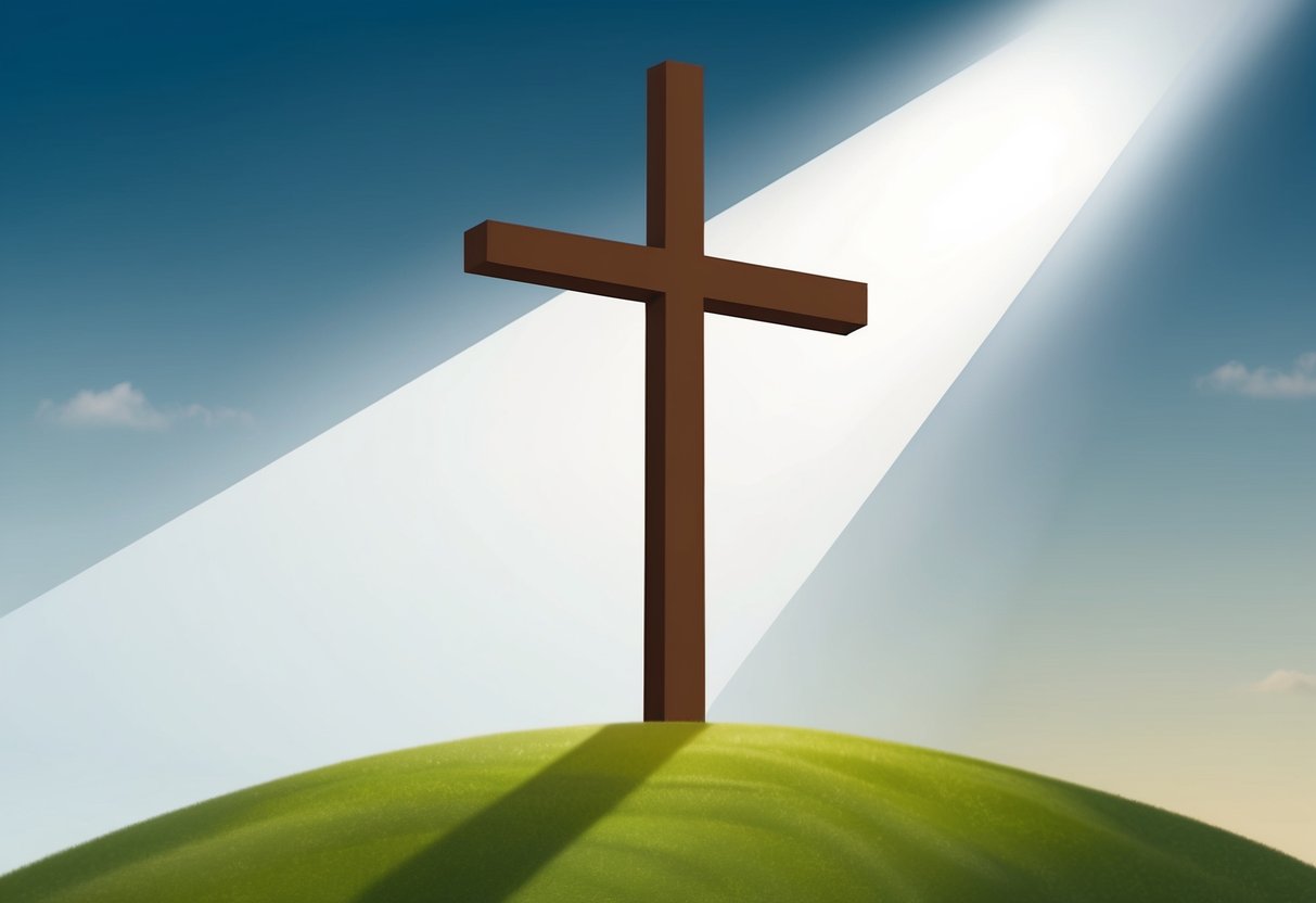 A cross standing tall on a hill, with beams intersecting at right angles.</p><p>Rays of light shining down from the sky onto the cross