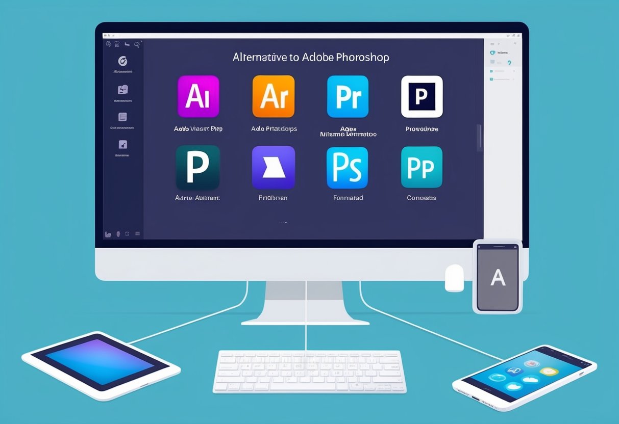 A modern computer with various software icons displayed on the screen, including alternative options to Adobe Photoshop.</p><p>The computer is connected to multiple devices, such as a tablet and smartphone, showcasing cross-platform compatibility