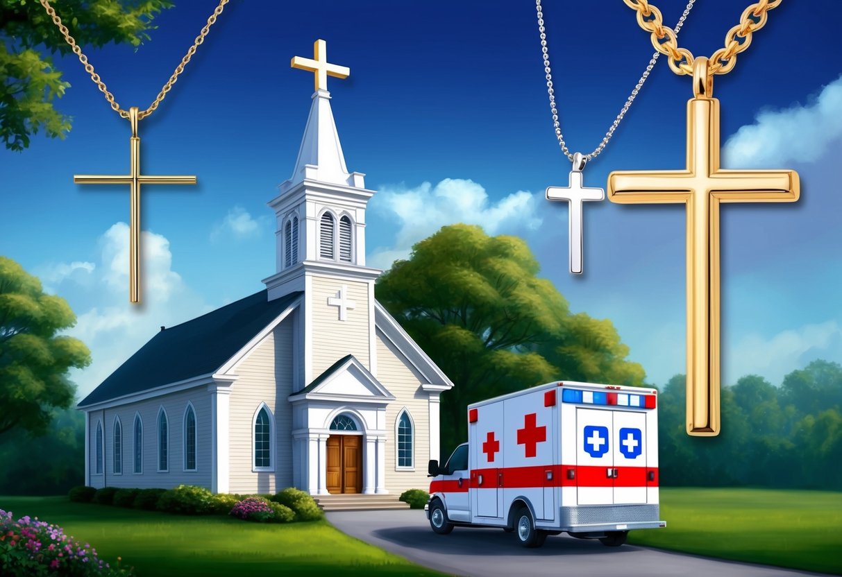 A cross atop a church, with a medical cross on a nearby ambulance, and a decorative cross on a necklace