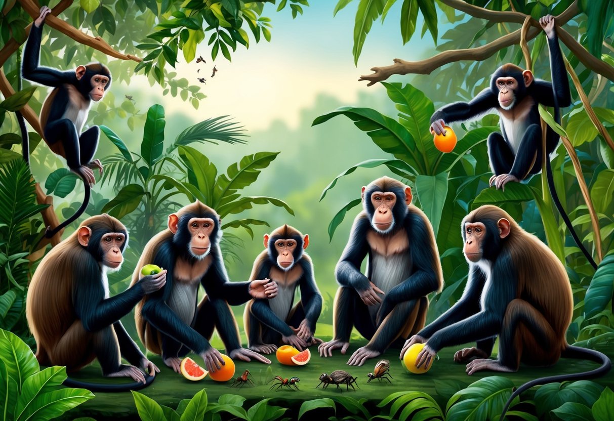 A group of primates, including monkeys, sit in a lush jungle setting, some foraging for fruits while others pick at insects or small animals