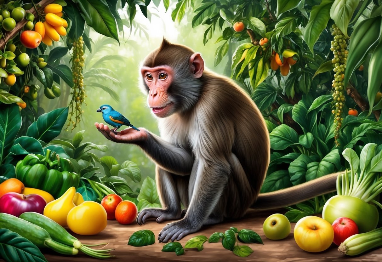 A monkey in a lush jungle, surrounded by fruits and vegetables, with a curious expression as it examines a small bird in its hand