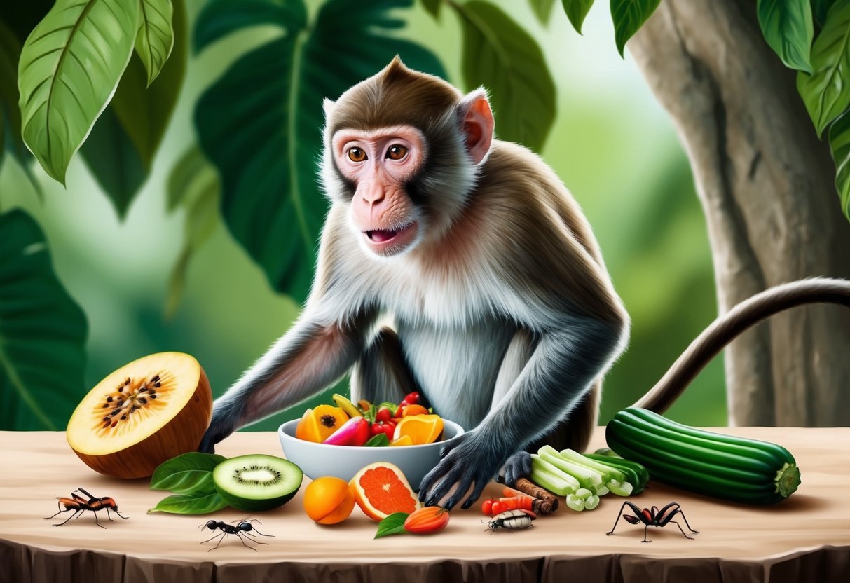 A monkey in captivity eats a variety of fruits, vegetables, and occasionally insects, but does not typically consume meat