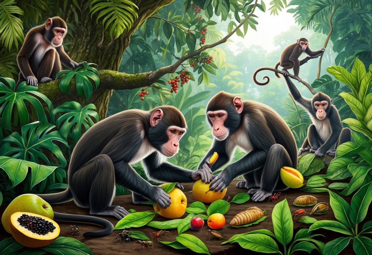 Monkeys foraging for fruits, leaves, and insects in a lush tropical forest