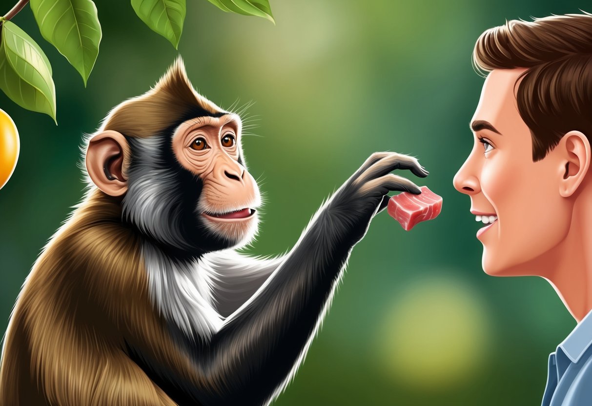 A monkey reaching for a piece of fruit while a human offers a small piece of meat