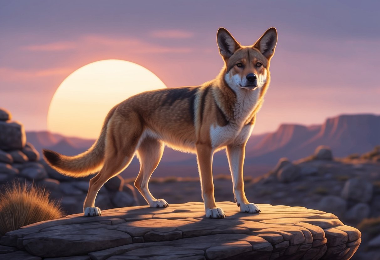 A dingo stands on a rocky outcrop, its ears perked and eyes alert.</p><p>The sun sets behind it, casting a warm glow over the rugged landscape