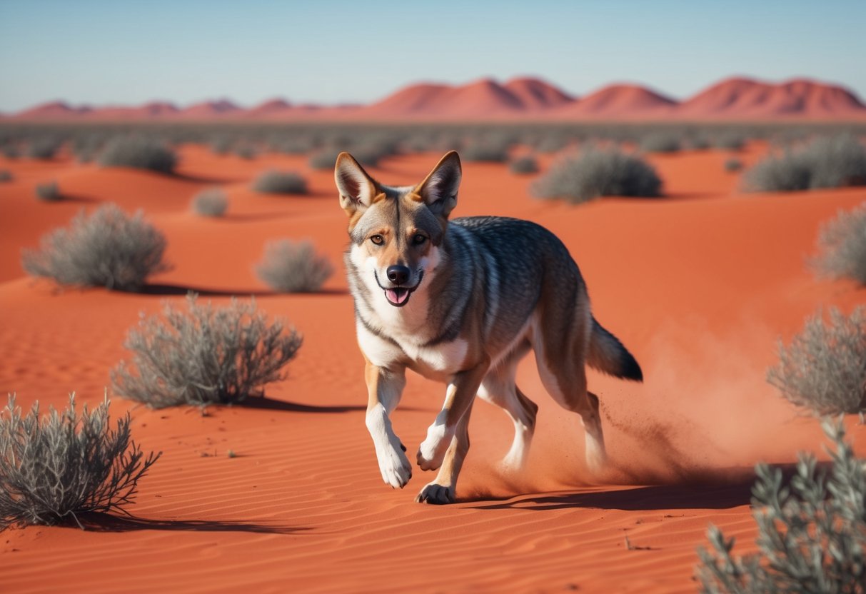 A dingo roams through the Australian outback, surrounded by red sand and sparse vegetation