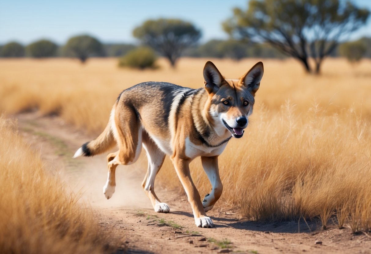 A dingo prowls through the Australian outback, its sharp eyes scanning for prey as it follows a winding trail through the dry grass