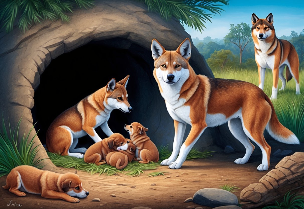 A female dingo nurses her pups in a den, while the male dingo stands guard outside