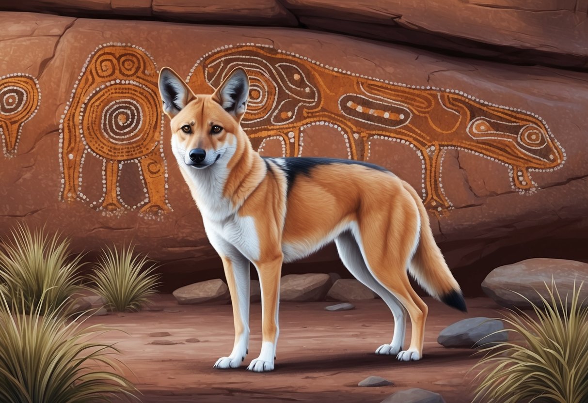 A dingo standing in front of ancient Aboriginal rock art