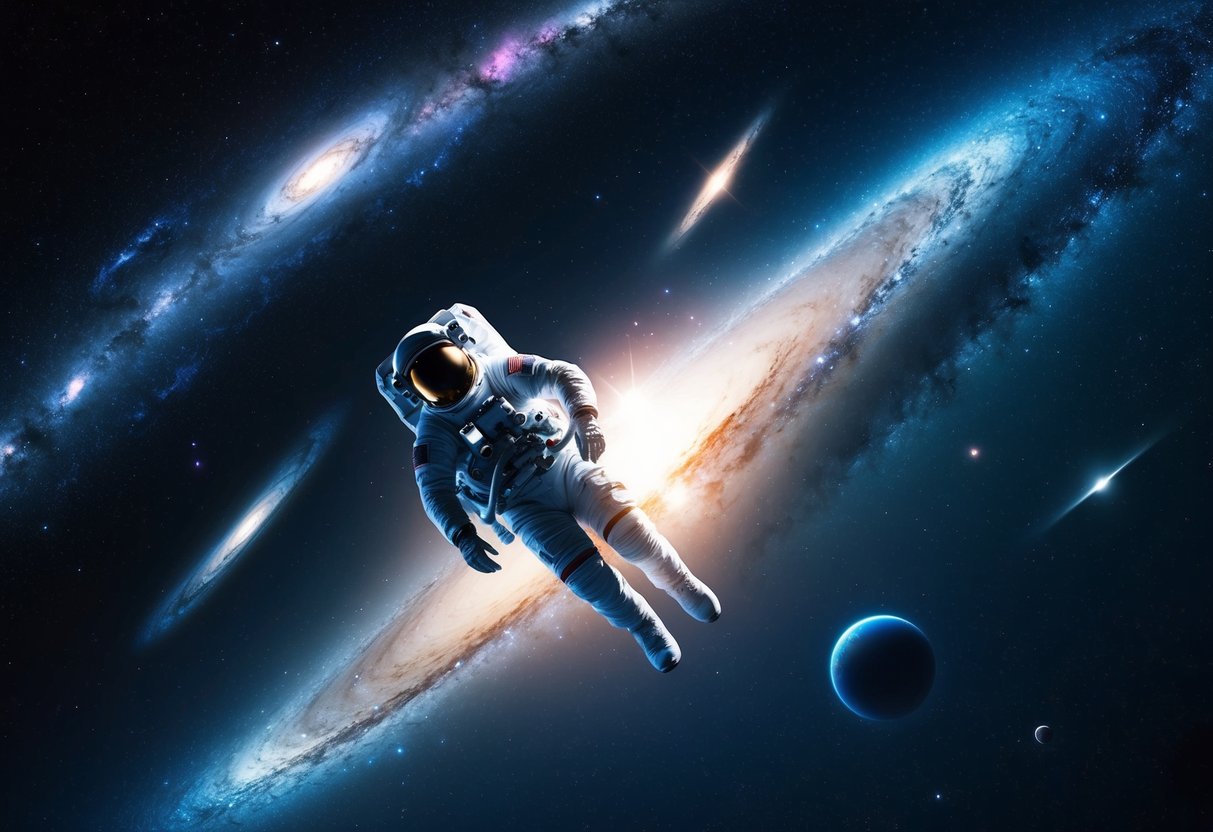 A lone astronaut drifts through an endless expanse of stars and galaxies, surrounded by the infinite concept of space