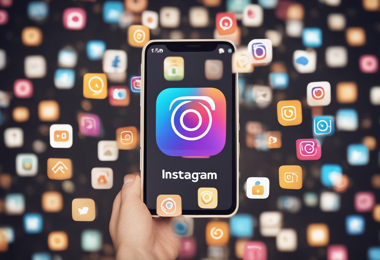 A smartphone displaying an Instagram profile with a high number of followers, surrounded by icons representing different strategies for increasing followers