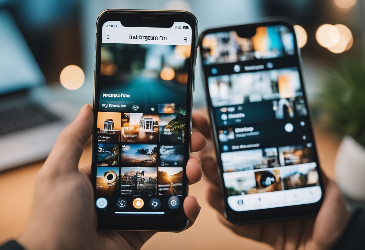 A smartphone with Instagram app open, showing a feed with high-quality content and a steadily increasing number of followers