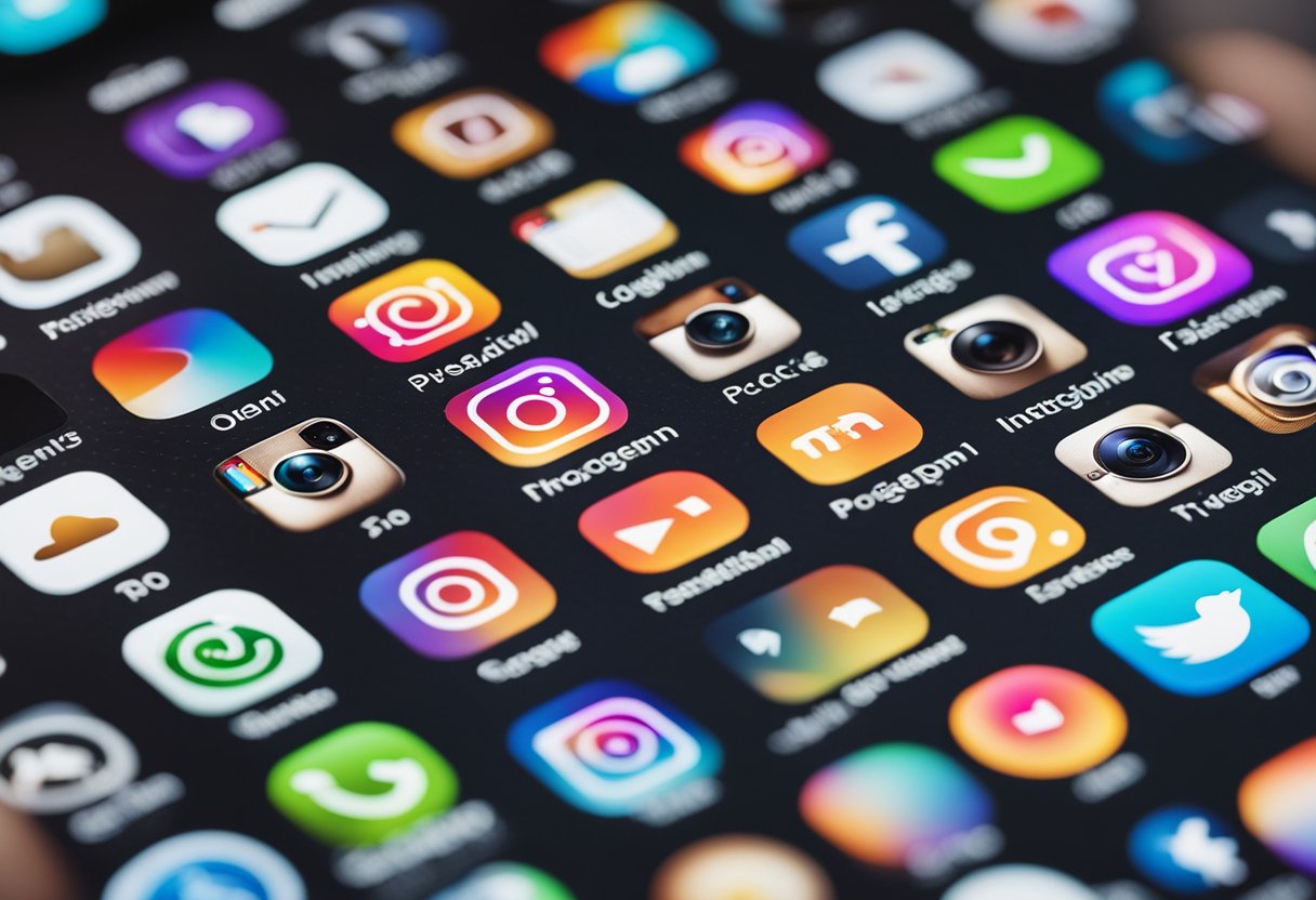 A smartphone with Instagram app open, surrounded by icons representing various engagement strategies like posting, liking, commenting, and sharing