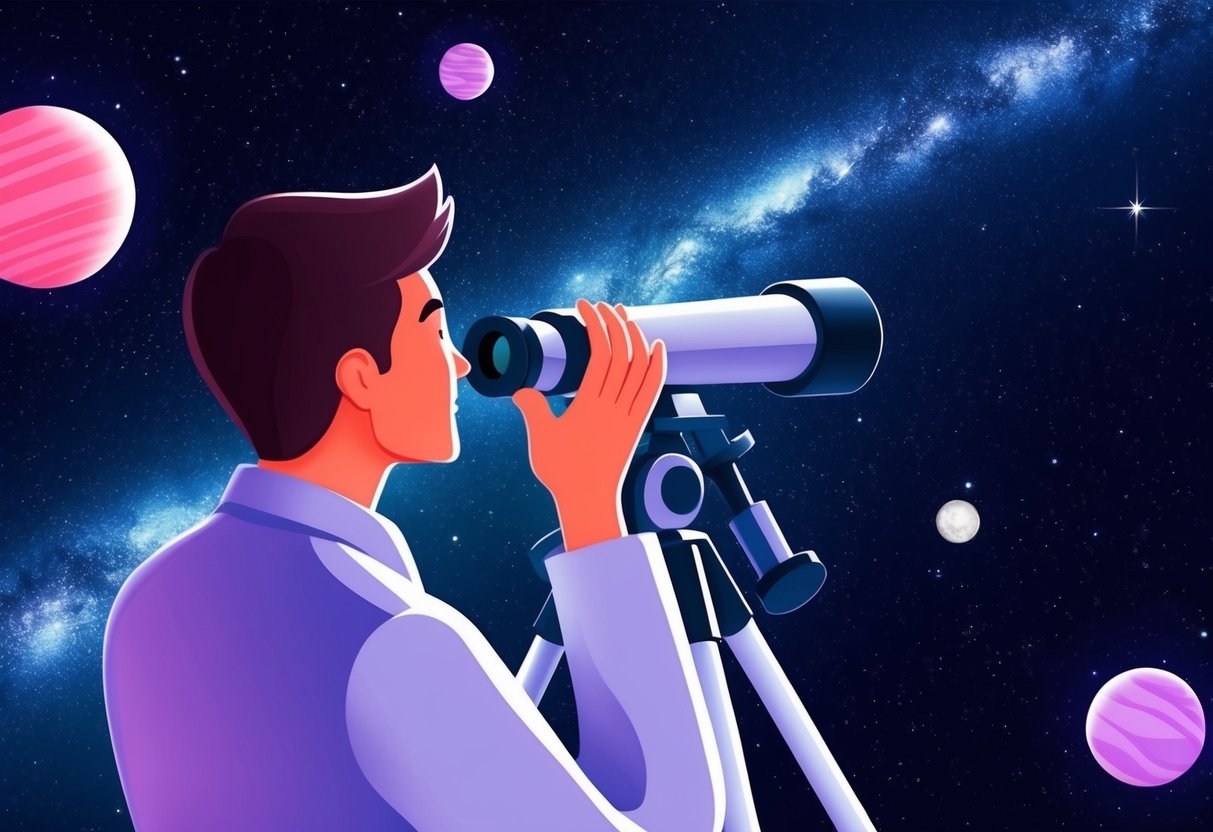 A figure gazes through a telescope at the night sky, surrounded by celestial bodies and endless space