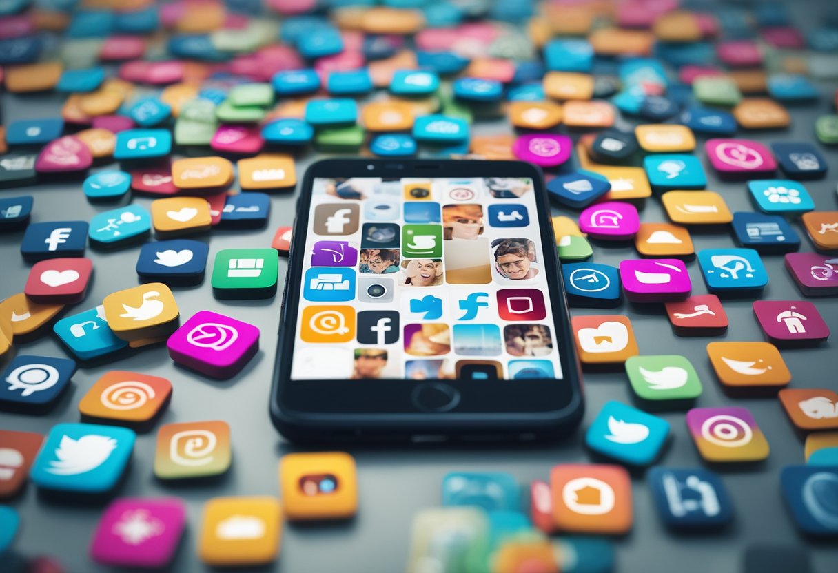 A smartphone displaying an Instagram profile with a high number of followers, surrounded by engagement icons like likes and comments