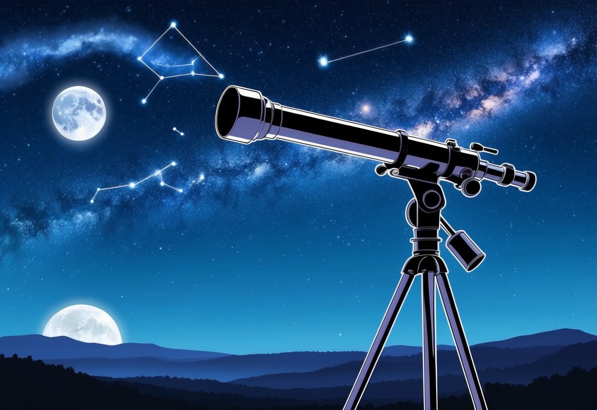 A telescope points towards the starry night sky, with distant galaxies and constellations visible.</p><p>The moon hangs low on the horizon, casting a soft glow over the landscape