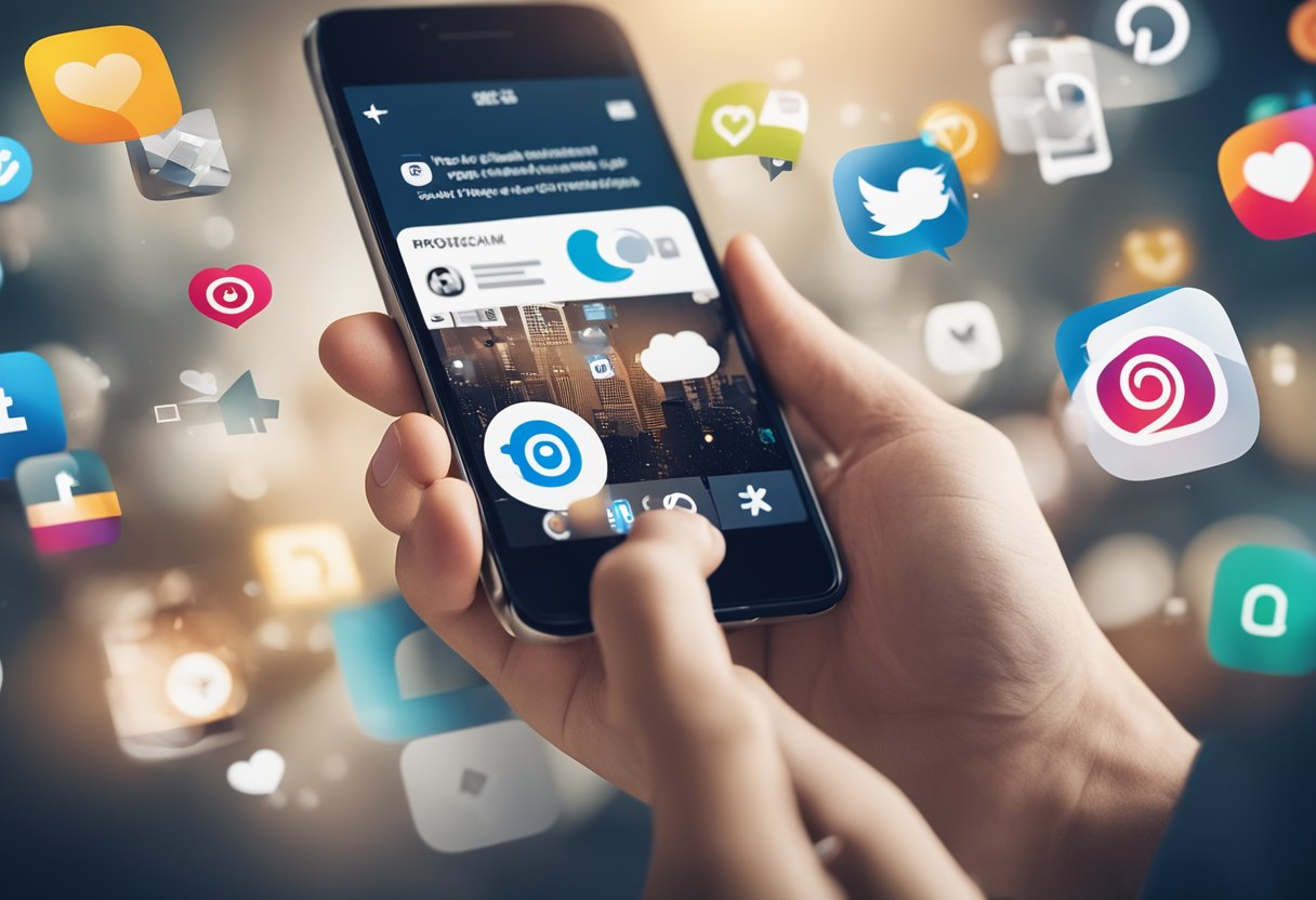A person's hand holding a smartphone with an Instagram profile page open, surrounded by icons such as a heart, a speech bubble, and a plus sign
