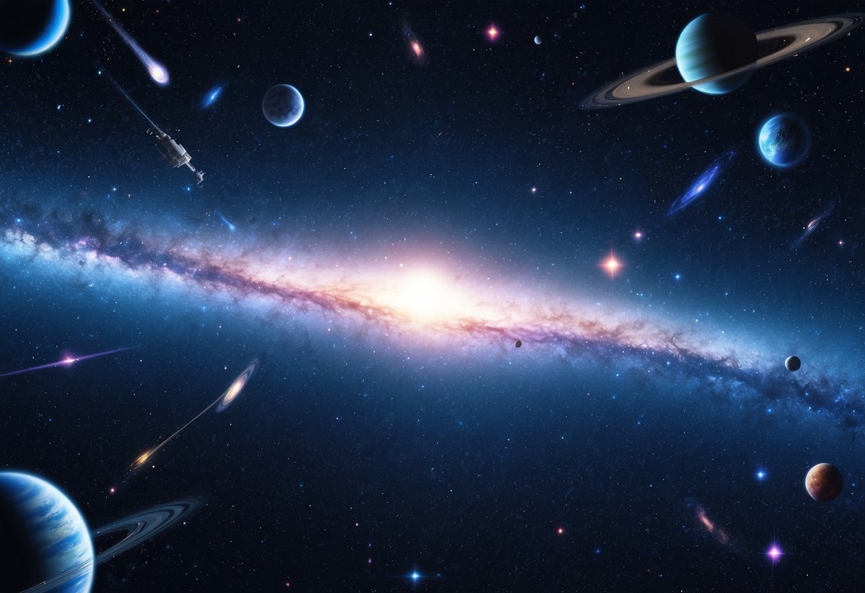 A vast, starry expanse stretches endlessly, with planets and galaxies scattered throughout