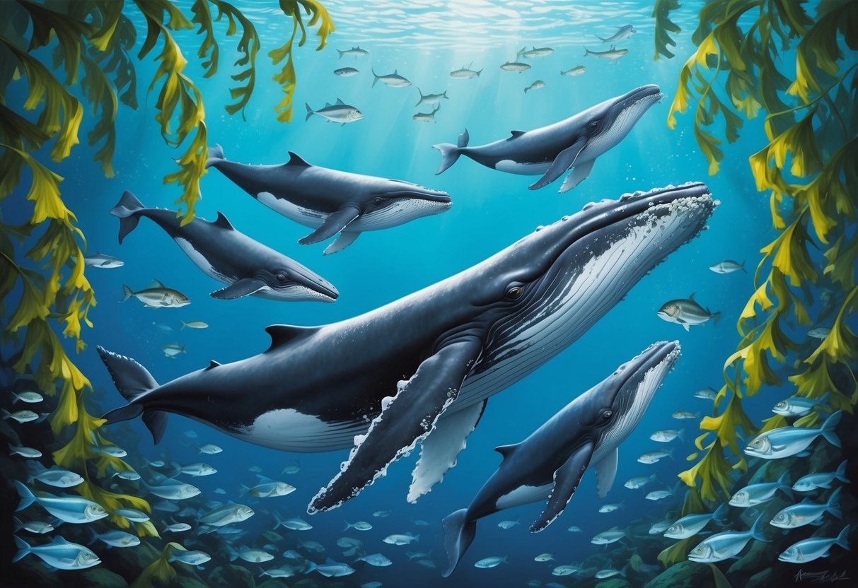 A pod of whales swims through a vibrant underwater kelp forest, surrounded by schools of fish and drifting phytoplankton