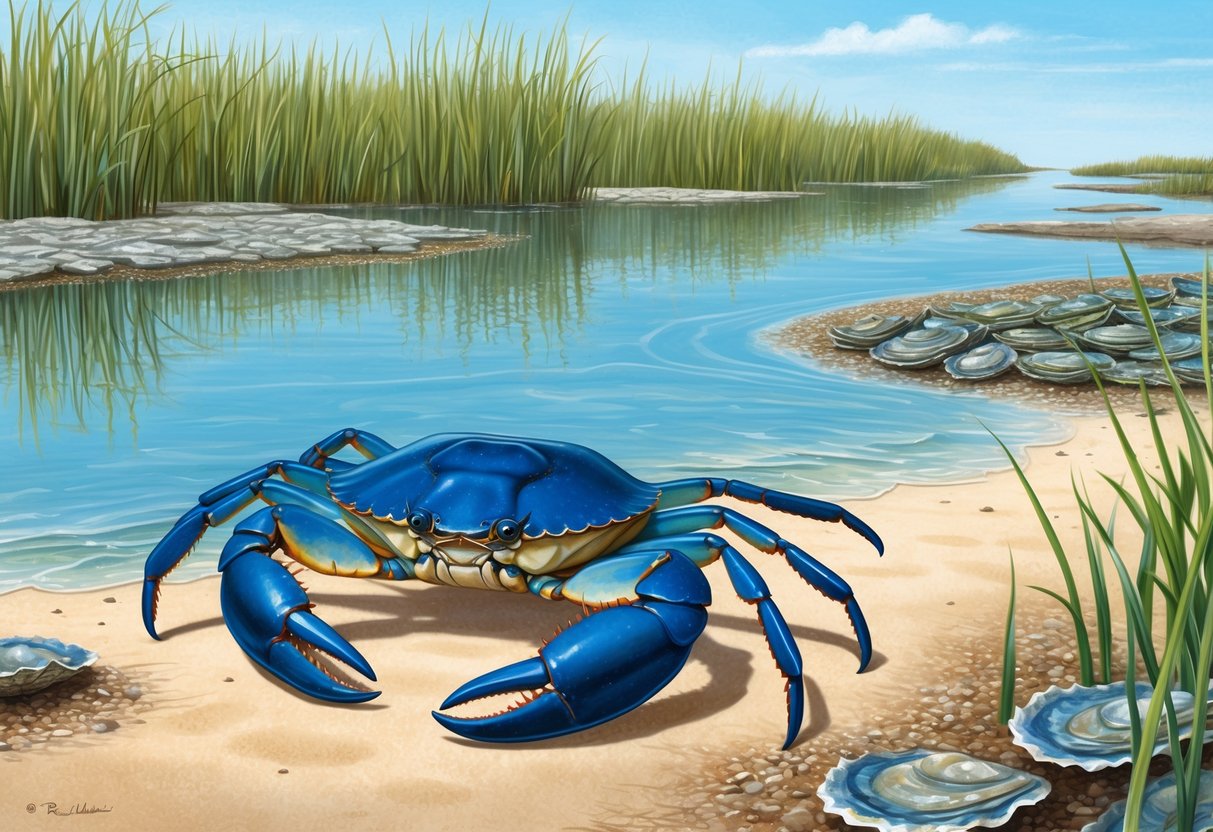 A blue crab scuttles along the sandy bottom of a shallow, brackish estuary, surrounded by tall marsh grass and the occasional oyster bed