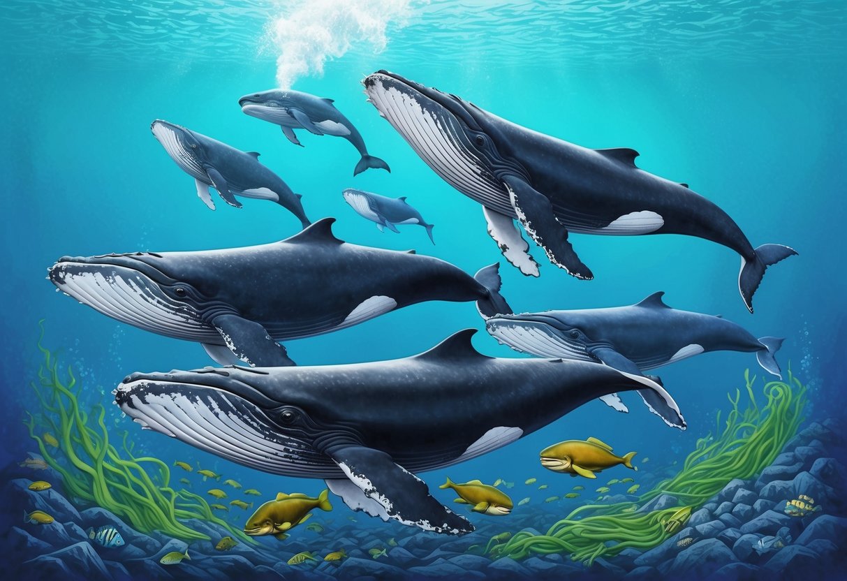 A pod of whales swims through a vibrant ocean, consuming phytoplankton and releasing carbon through their breath, contributing to the carbon cycle