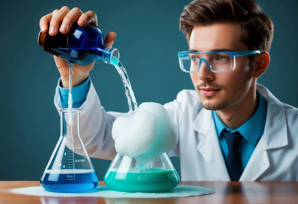 A scientist pours chemicals into a flask, causing a foamy eruption