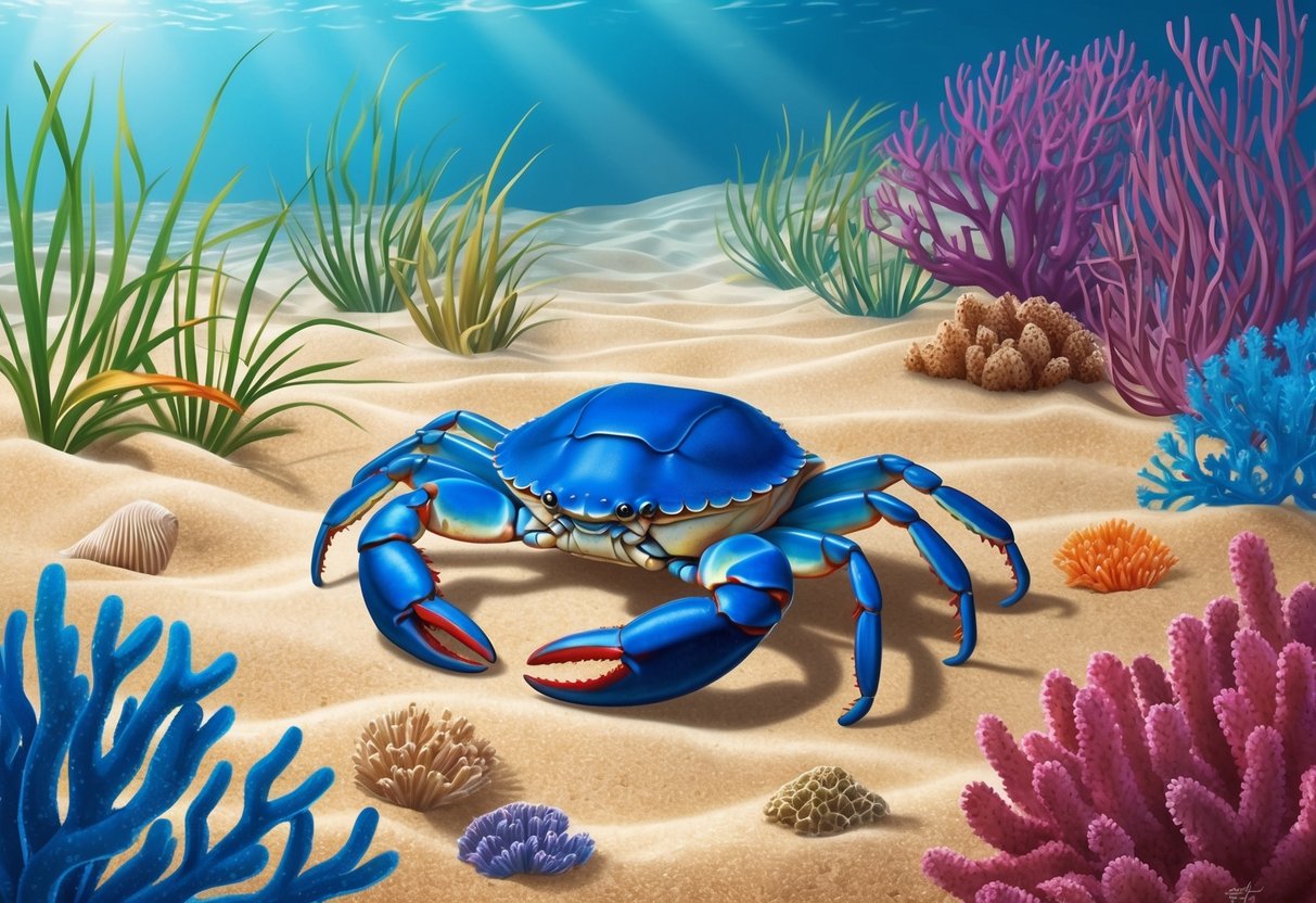 A blue crab scuttles along the sandy ocean floor, surrounded by swaying sea grass and colorful coral reefs