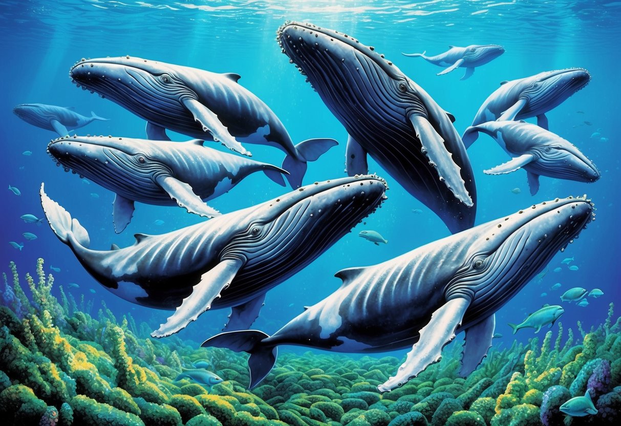 A pod of humpback whales swims through a vibrant ocean filled with blooming phytoplankton, their massive mouths open wide as they filter feed on the microscopic organisms