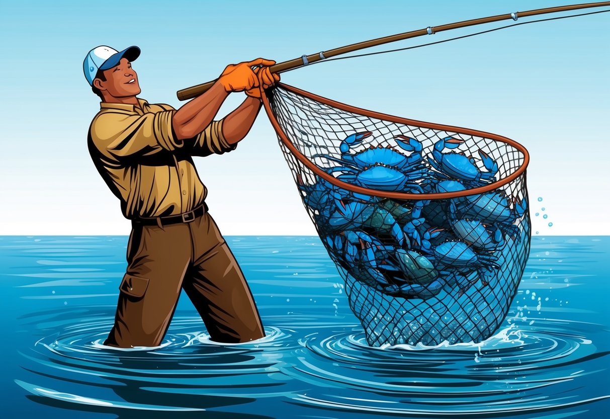 A fisherman pulling up a net filled with blue crabs from the water