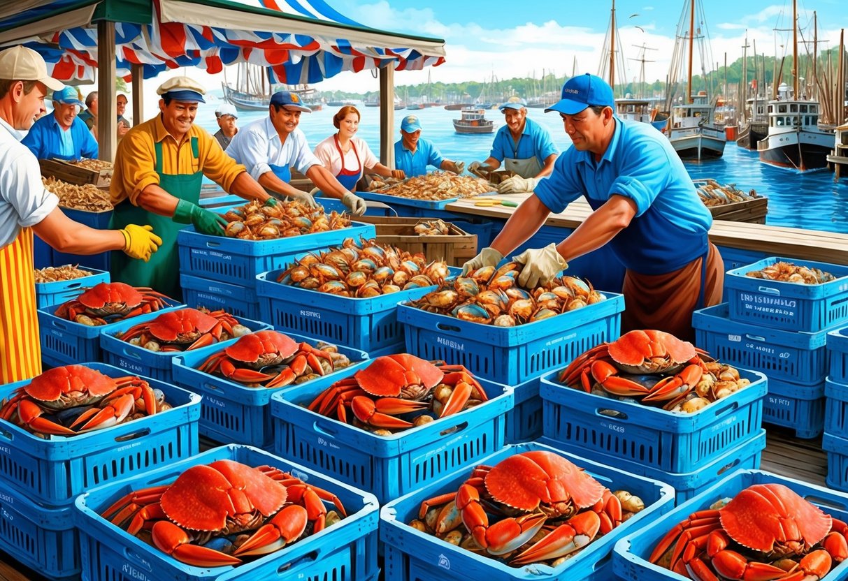 A bustling waterfront market with fishermen unloading crates of fresh blue crabs, surrounded by eager buyers and bustling activity