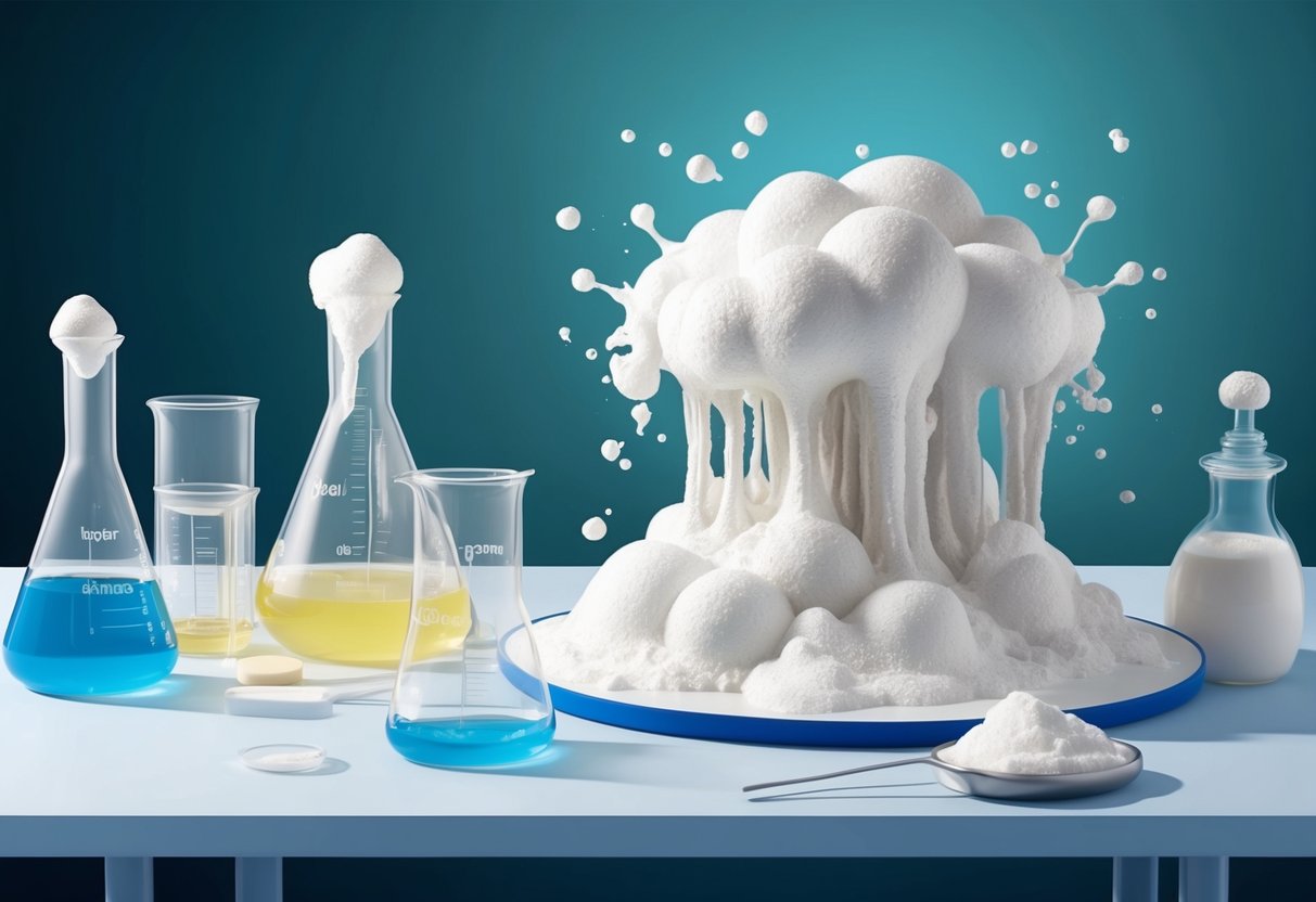 A lab table with beakers, hydrogen peroxide, yeast, and dish soap.</p><p>A foamy eruption of "elephant toothpaste" spills over the edges