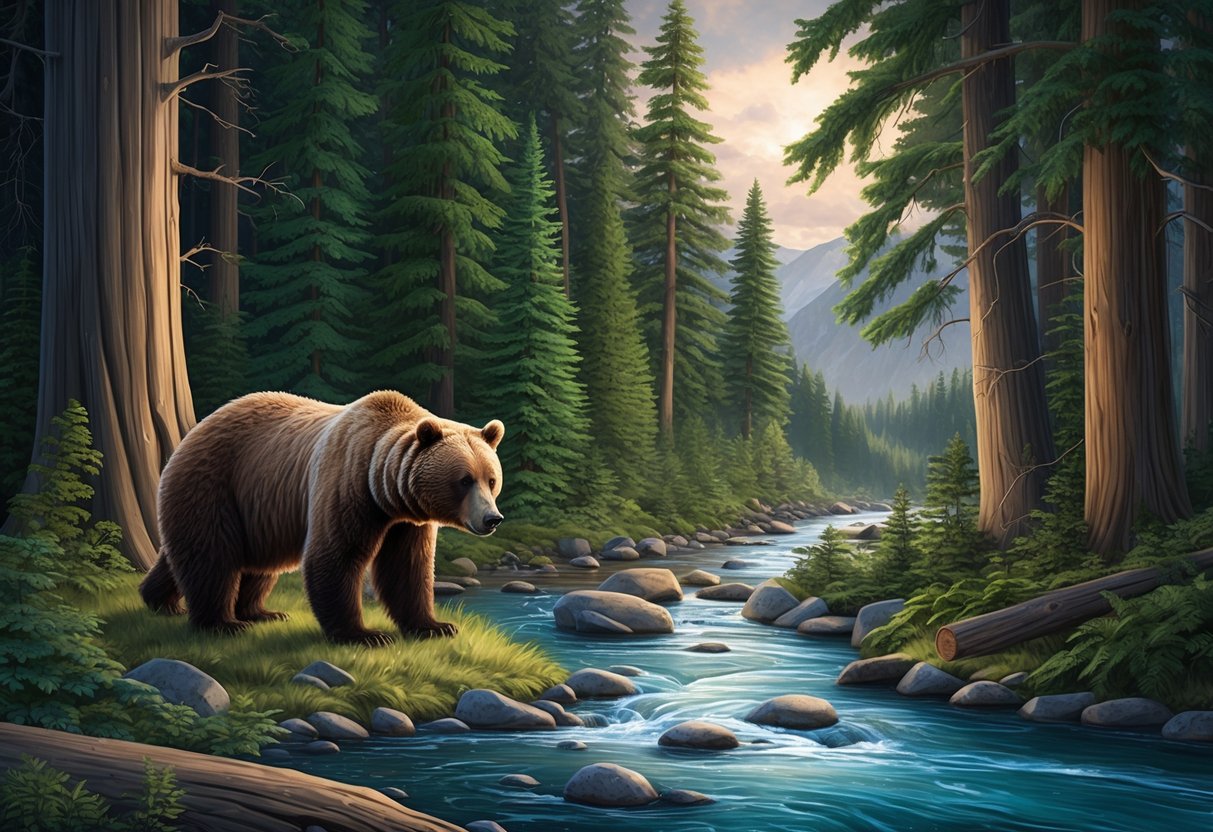 A dense forest with tall trees and a flowing river, where an endangered bear roams in its natural habitat