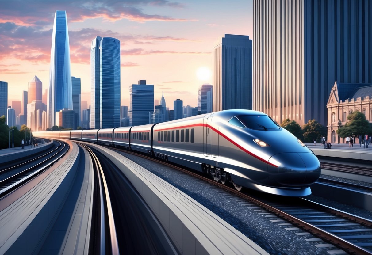 A sleek bullet train speeds along a modern railway, passing by towering skyscrapers and bustling city streets