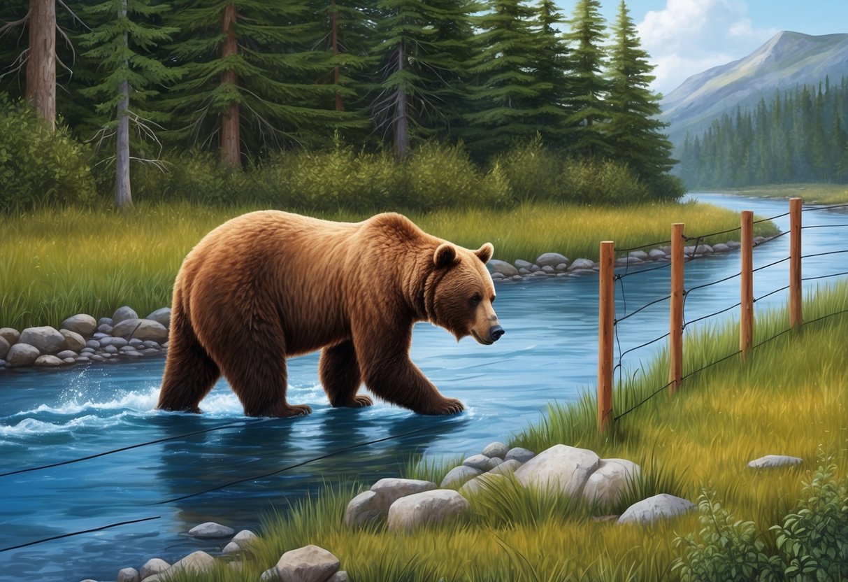 A bear cautiously approaches a river, while a human-made fence separates it from a forest