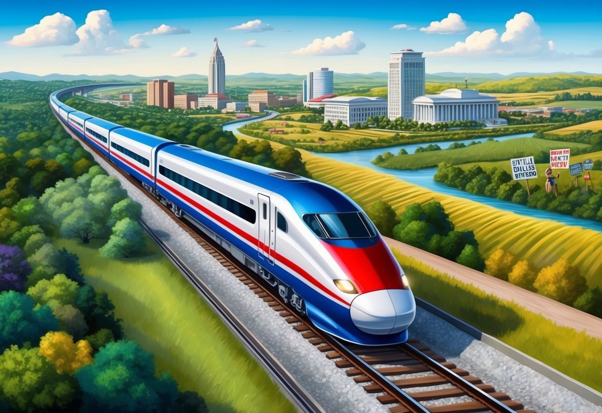 A bullet train speeding through a scenic American landscape, passing by urban areas and rural countryside, with debates and protests visible in the background