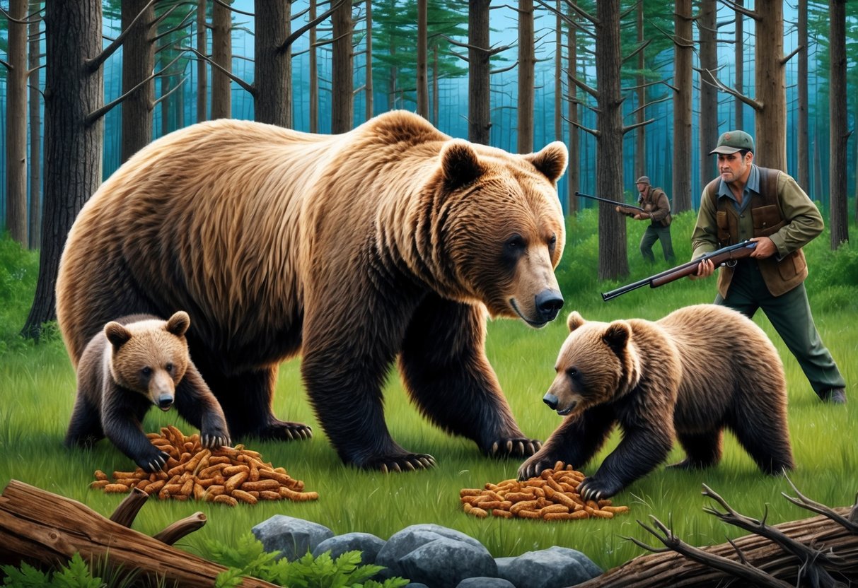 A mother bear and her cubs foraging for food in a shrinking forest, while hunters lurk in the distance