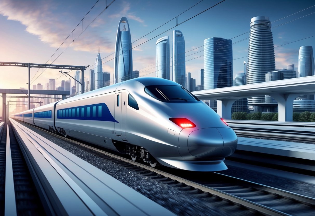 A sleek bullet train speeds along a futuristic track, surrounded by modern city skyscrapers and advanced infrastructure