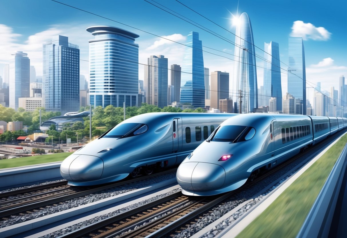 Two sleek bullet trains speeding along parallel tracks in a modern urban setting, surrounded by skyscrapers and a bustling cityscape